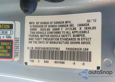 2012 Honda Civic Si from USA, damaged, VIN 2HGFG4A5XCH701962